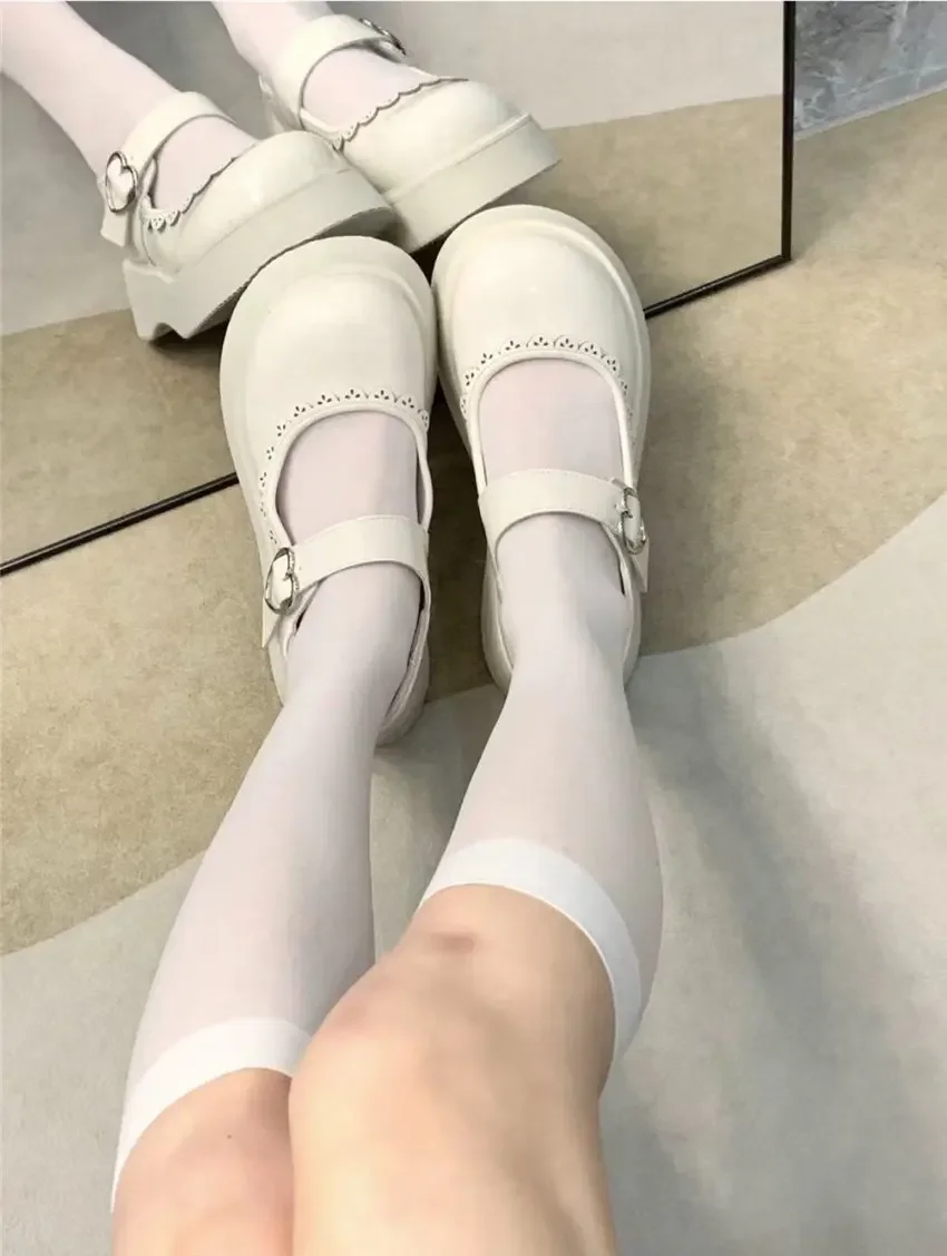 Beige Lolita Shoes Women Japanese Style Vintage Soft Leather Mary Janes Platform Shoes High Heels College Student Cosplay Shoes