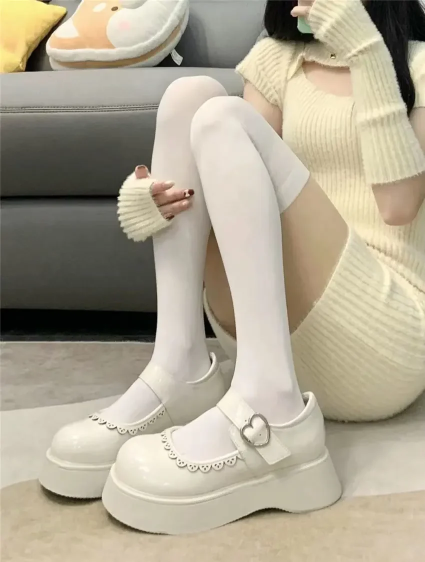 Beige Lolita Shoes Women Japanese Style Vintage Soft Leather Mary Janes Platform Shoes High Heels College Student Cosplay Shoes