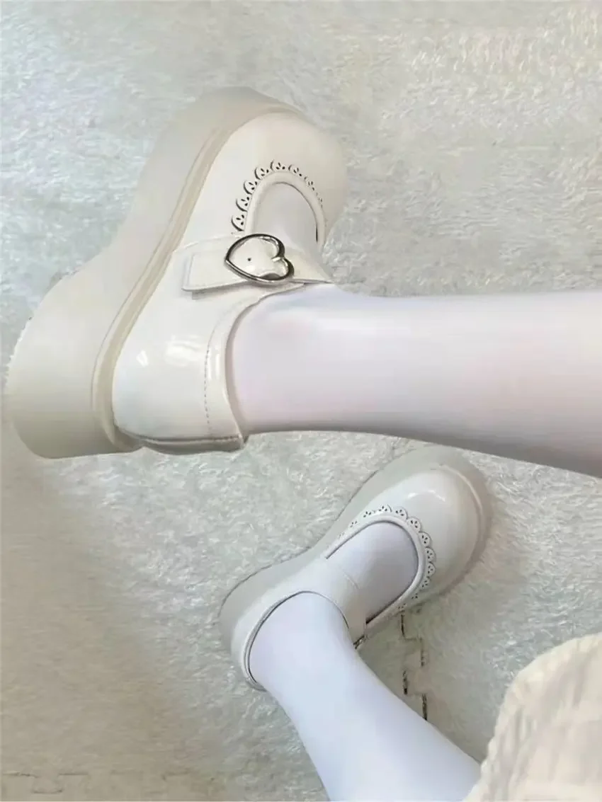 Beige Lolita Shoes Women Japanese Style Vintage Soft Leather Mary Janes Platform Shoes High Heels College Student Cosplay Shoes