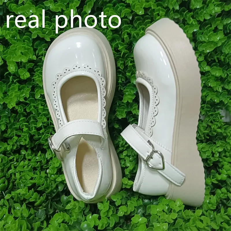 Beige Lolita Shoes Women Japanese Style Vintage Soft Leather Mary Janes Platform Shoes High Heels College Student Cosplay Shoes