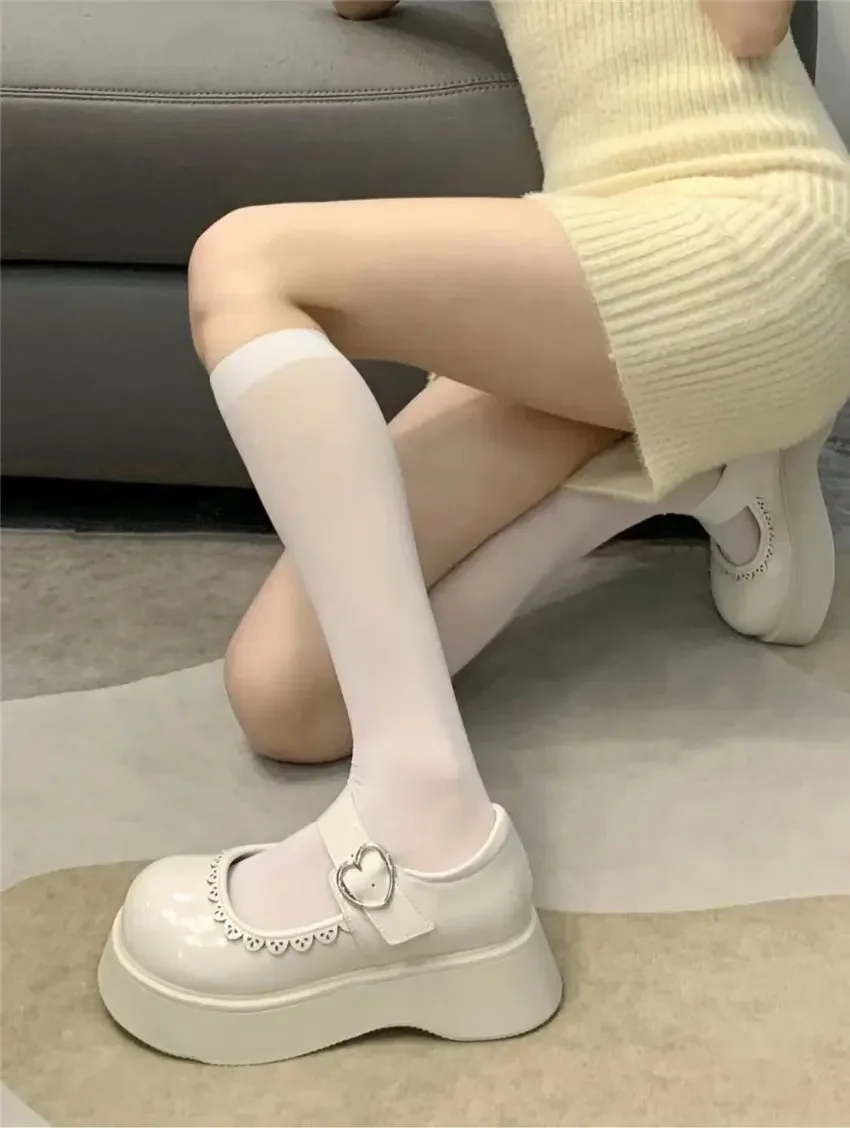 Beige Lolita Shoes Women Japanese Style Vintage Soft Leather Mary Janes Platform Shoes High Heels College Student Cosplay Shoes