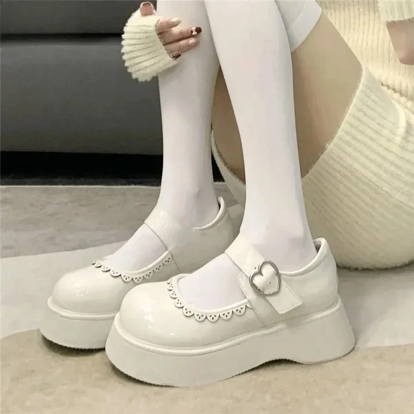 Beige Lolita Shoes Women Japanese Style Vintage Soft Leather Mary Janes Platform Shoes High Heels College Student Cosplay Shoes