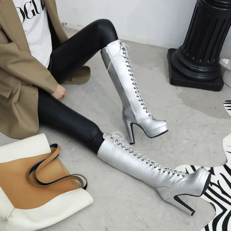 Women's Winter High Boots Shoes Platform Knee High Boot Patent Gold Silver Heeled Long Party Dance Shoes Lady Large Size 48