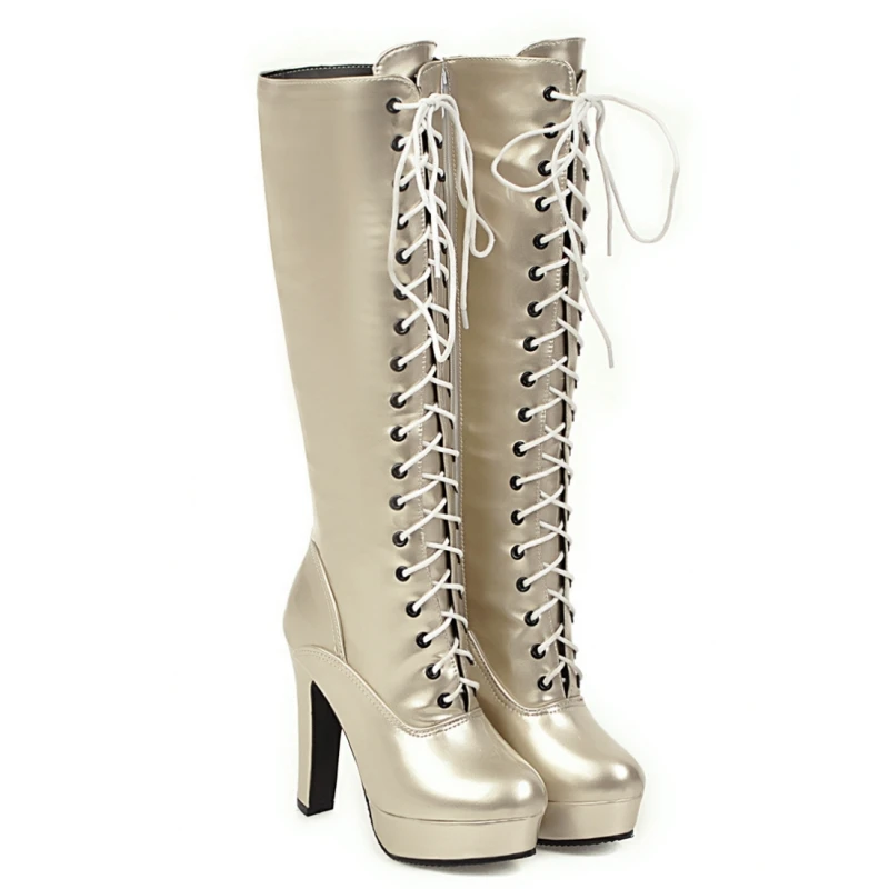 Women's Winter High Boots Shoes Platform Knee High Boot Patent Gold Silver Heeled Long Party Dance Shoes Lady Large Size 48