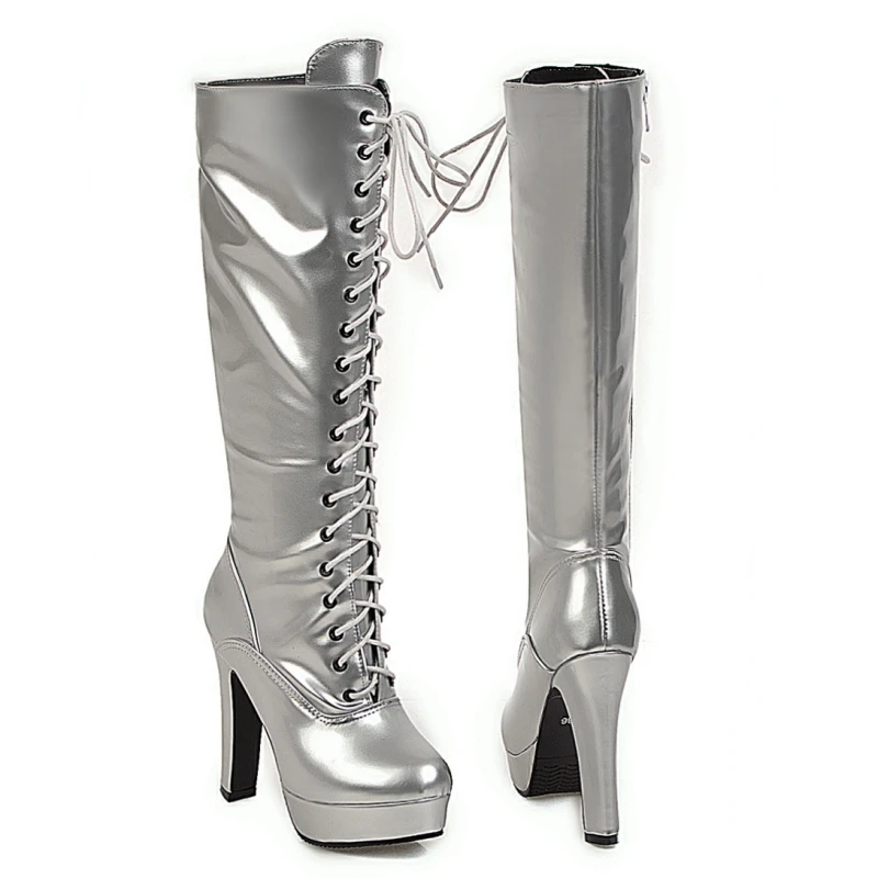 Women's Winter High Boots Shoes Platform Knee High Boot Patent Gold Silver Heeled Long Party Dance Shoes Lady Large Size 48