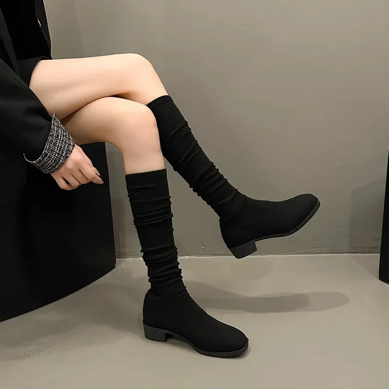 Knit Thick Heel Square Head Slim Boot Autumn New Style Over Knee Casual Versatile Elastic Socks Boot Women's Boots
