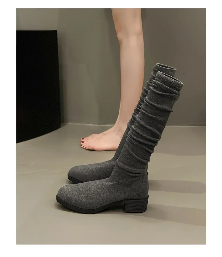 Knit Thick Heel Square Head Slim Boot Autumn New Style Over Knee Casual Versatile Elastic Socks Boot Women's Boots