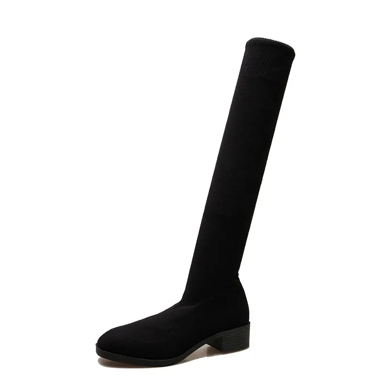 Knit Thick Heel Square Head Slim Boot Autumn New Style Over Knee Casual Versatile Elastic Socks Boot Women's Boots