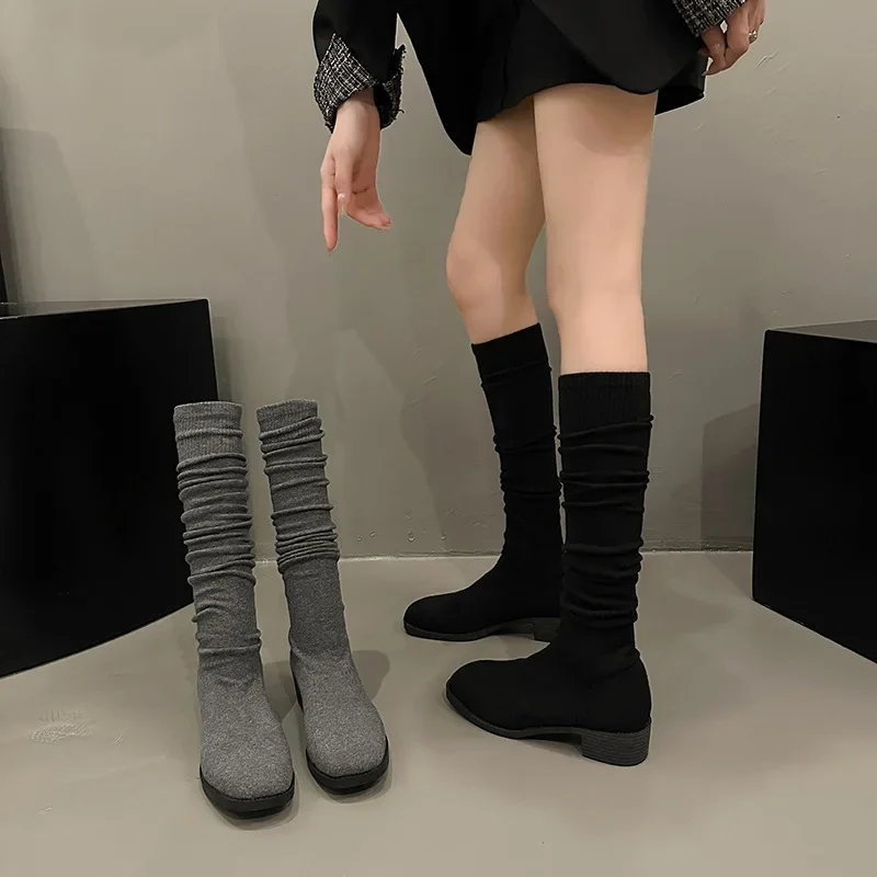Knit Thick Heel Square Head Slim Boot Autumn New Style Over Knee Casual Versatile Elastic Socks Boot Women's Boots