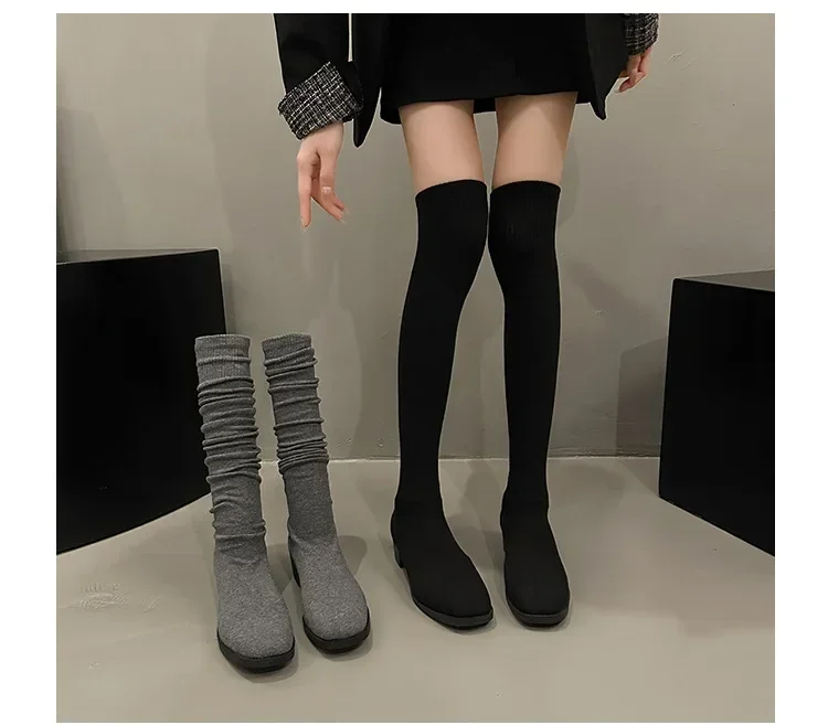 Knit Thick Heel Square Head Slim Boot Autumn New Style Over Knee Casual Versatile Elastic Socks Boot Women's Boots
