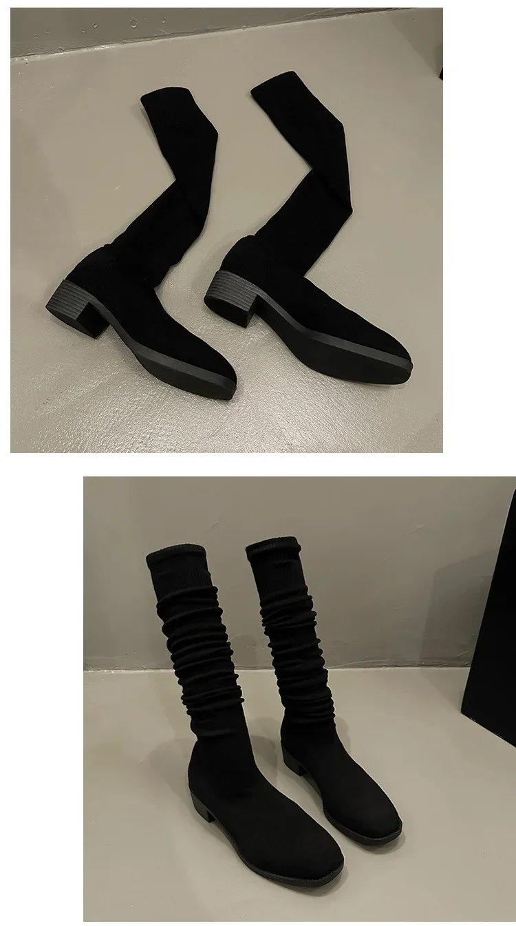 Knit Thick Heel Square Head Slim Boot Autumn New Style Over Knee Casual Versatile Elastic Socks Boot Women's Boots