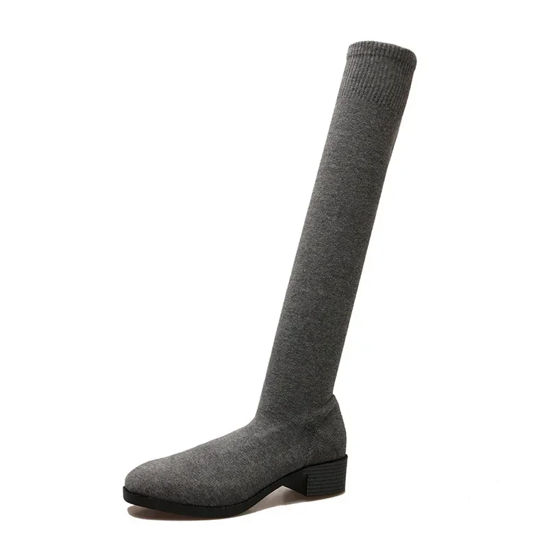 Knit Thick Heel Square Head Slim Boot Autumn New Style Over Knee Casual Versatile Elastic Socks Boot Women's Boots