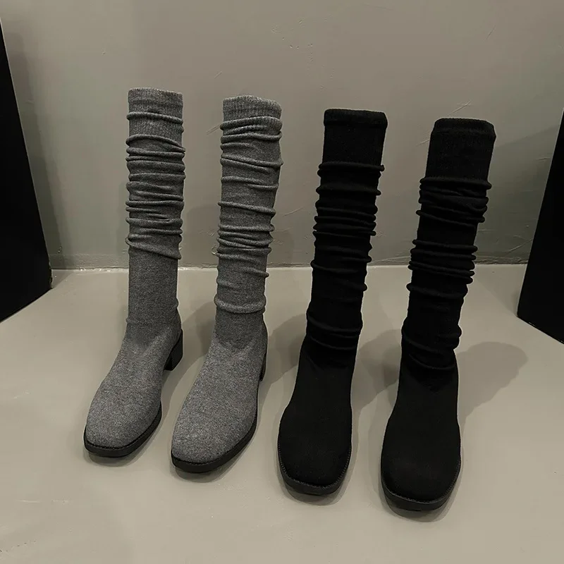 Knit Thick Heel Square Head Slim Boot Autumn New Style Over Knee Casual Versatile Elastic Socks Boot Women's Boots