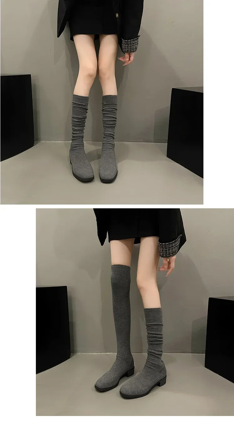 Knit Thick Heel Square Head Slim Boot Autumn New Style Over Knee Casual Versatile Elastic Socks Boot Women's Boots