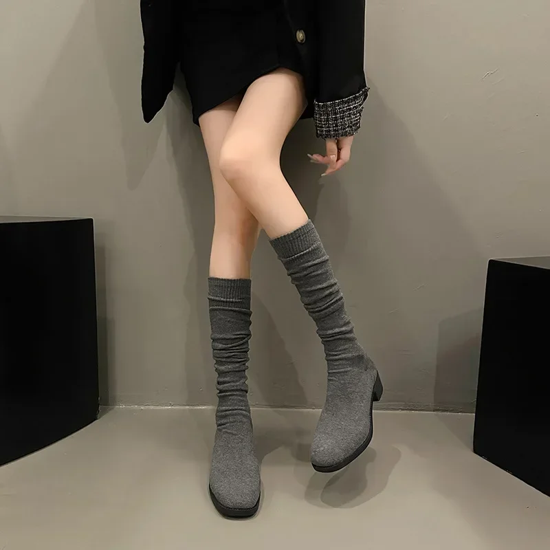 Knit Thick Heel Square Head Slim Boot Autumn New Style Over Knee Casual Versatile Elastic Socks Boot Women's Boots