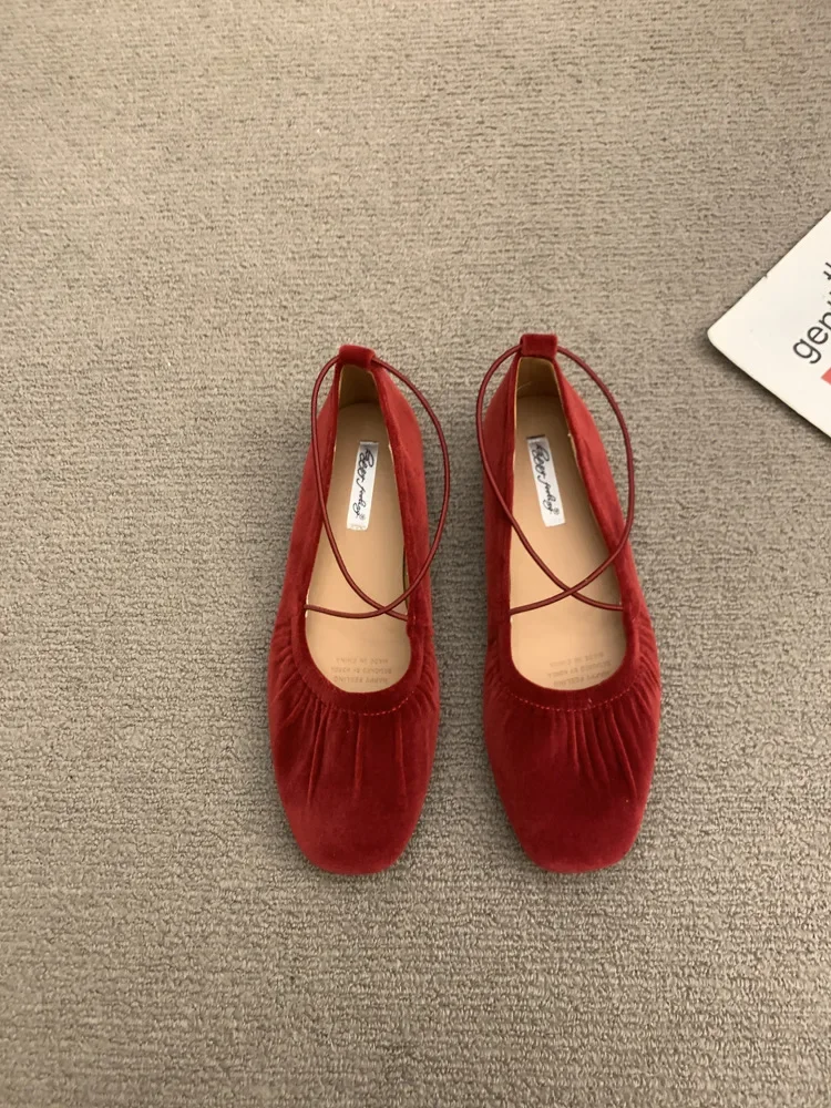 French Style Vintage Red Single Shoe Women's 2025 New Cross Strap Soft Bottom Ballet Dance Mary Sandals Rubber Mater