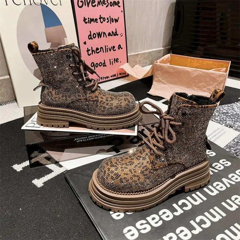 Fashion Leopard Rhinestone Womens Boots Platform Lace Up Lightweight Womens Boots Workwear Motorcycle Luxury Shoes