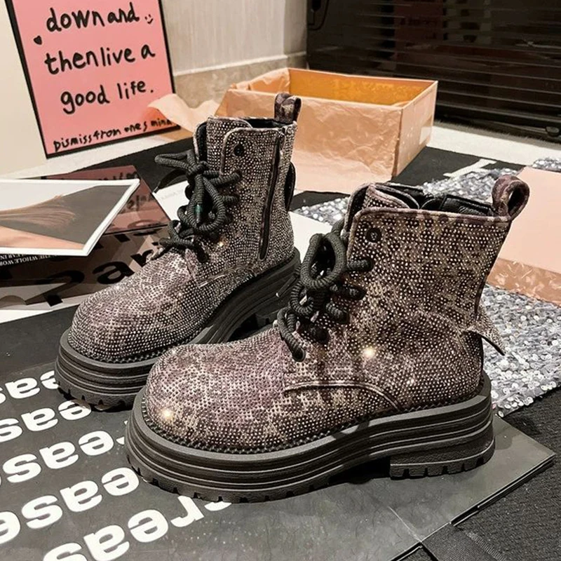 Fashion Leopard Rhinestone Womens Boots Platform Lace Up Lightweight Womens Boots Workwear Motorcycle Luxury Shoes