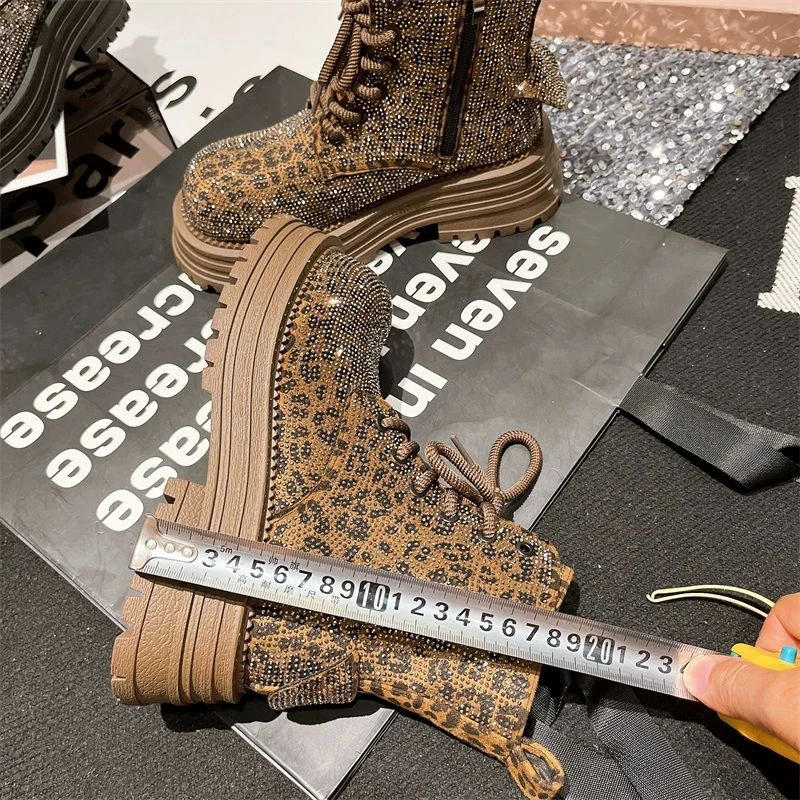 Fashion Leopard Rhinestone Womens Boots Platform Lace Up Lightweight Womens Boots Workwear Motorcycle Luxury Shoes