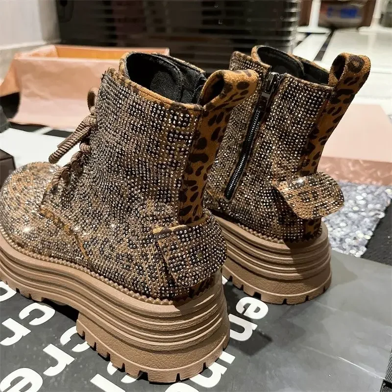 Fashion Leopard Rhinestone Womens Boots Platform Lace Up Lightweight Womens Boots Workwear Motorcycle Luxury Shoes