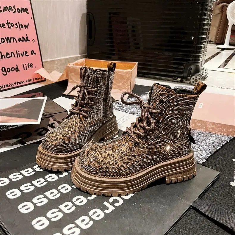 Fashion Leopard Rhinestone Womens Boots Platform Lace Up Lightweight Womens Boots Workwear Motorcycle Luxury Shoes