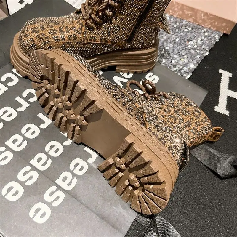 Fashion Leopard Rhinestone Womens Boots Platform Lace Up Lightweight Womens Boots Workwear Motorcycle Luxury Shoes
