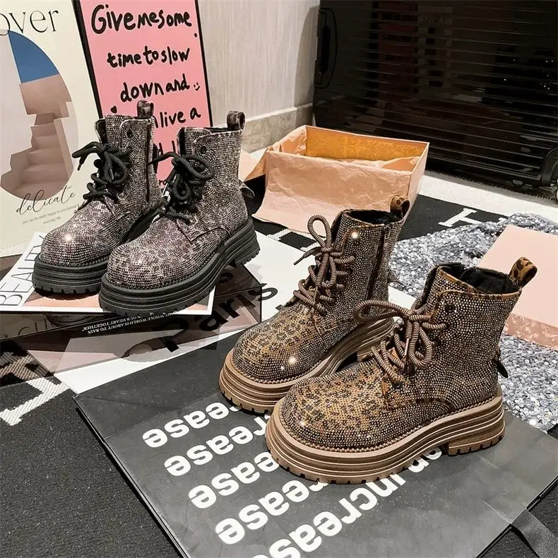Fashion Leopard Rhinestone Womens Boots Platform Lace Up Lightweight Womens Boots Workwear Motorcycle Luxury Shoes