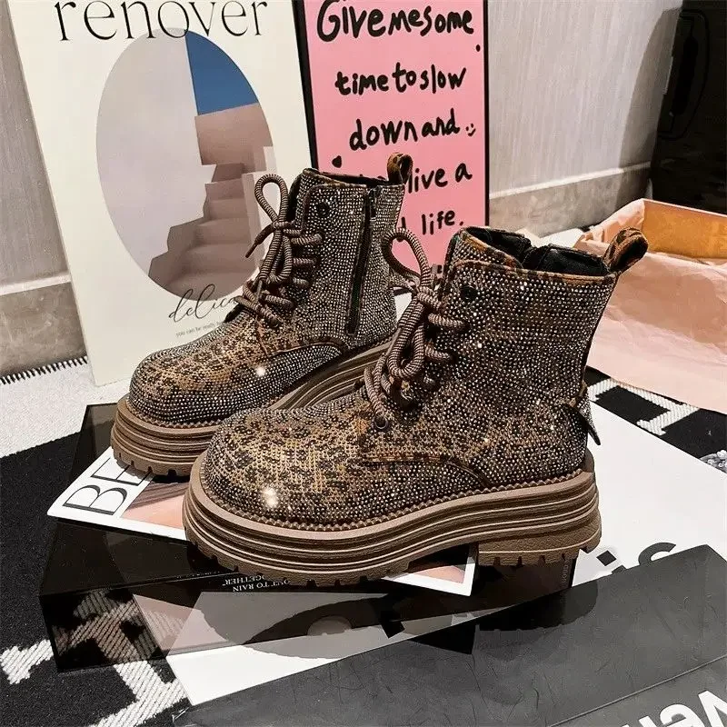 Fashion Leopard Rhinestone Womens Boots Platform Lace Up Lightweight Womens Boots Workwear Motorcycle Luxury Shoes