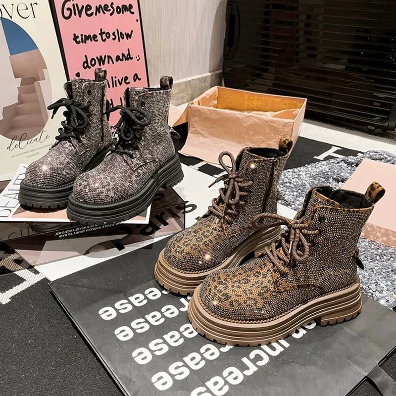 Fashion Leopard Rhinestone Womens Boots Platform Lace Up Lightweight Womens Boots Workwear Motorcycle Luxury Shoes