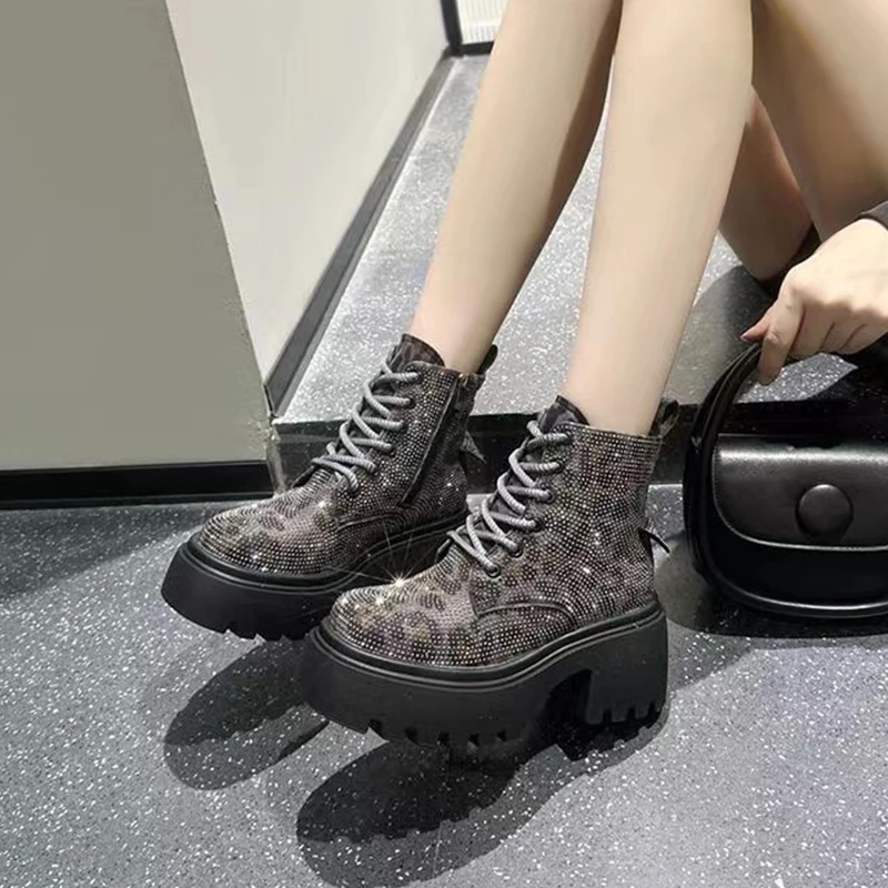 Fashion Leopard Rhinestone Womens Boots Platform Lace Up Lightweight Womens Boots Workwear Motorcycle Luxury Shoes