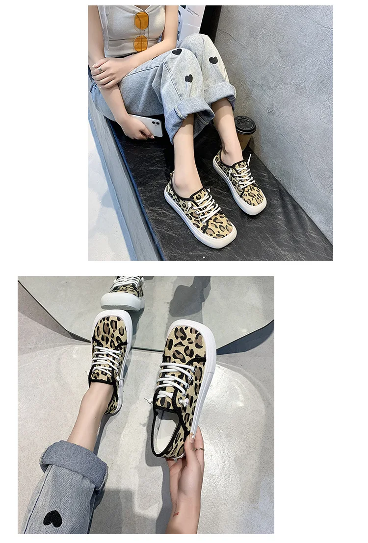 Platform Canvas Shoes for Women New Square Toe Laces Korean Fashion Sneakers Plaid Leopard Print Student Single-Layer Shoes Platform Canvas Shoes for Women New Square Toe Laces Korean Fashion Sneakers Plaid Leopard Print Student Single-Layer Shoes