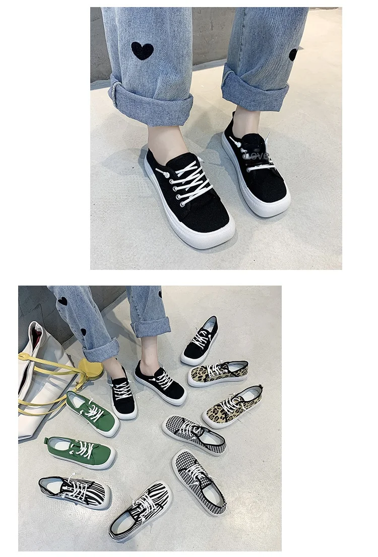 Platform Canvas Shoes for Women New Square Toe Laces Korean Fashion Sneakers Plaid Leopard Print Student Single-Layer Shoes Platform Canvas Shoes for Women New Square Toe Laces Korean Fashion Sneakers Plaid Leopard Print Student Single-Layer Shoes