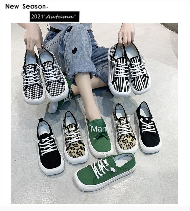 Platform Canvas Shoes for Women New Square Toe Laces Korean Fashion Sneakers Plaid Leopard Print Student Single-Layer Shoes Platform Canvas Shoes for Women New Square Toe Laces Korean Fashion Sneakers Plaid Leopard Print Student Single-Layer Shoes