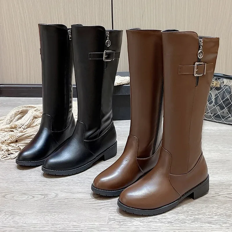 2023 New Winter Women's Knee-High Riding Equestrian Boots Leather Platform Shoes Woman Long Boots Office Lady Footwear Botas