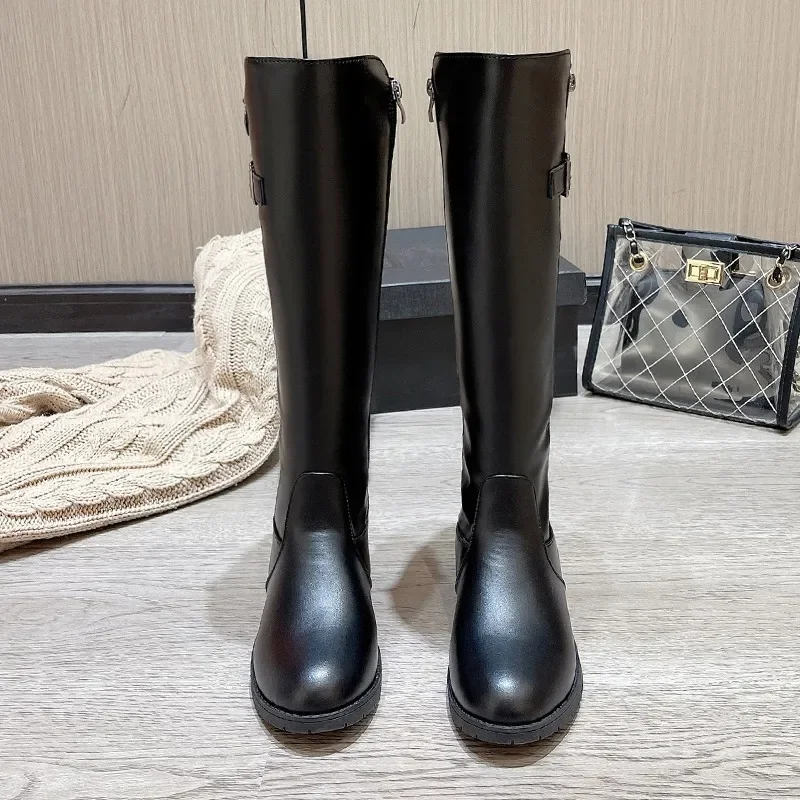 2023 New Winter Women's Knee-High Riding Equestrian Boots Leather Platform Shoes Woman Long Boots Office Lady Footwear Botas