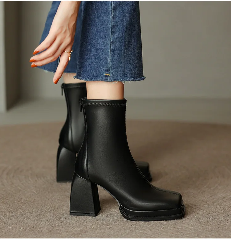 2023 Square Low Heel Fashion Ankle Boots Pu Leather Casual Short Boots Square Toe Zipper Winter Women Shoes Size 34-39 Botas