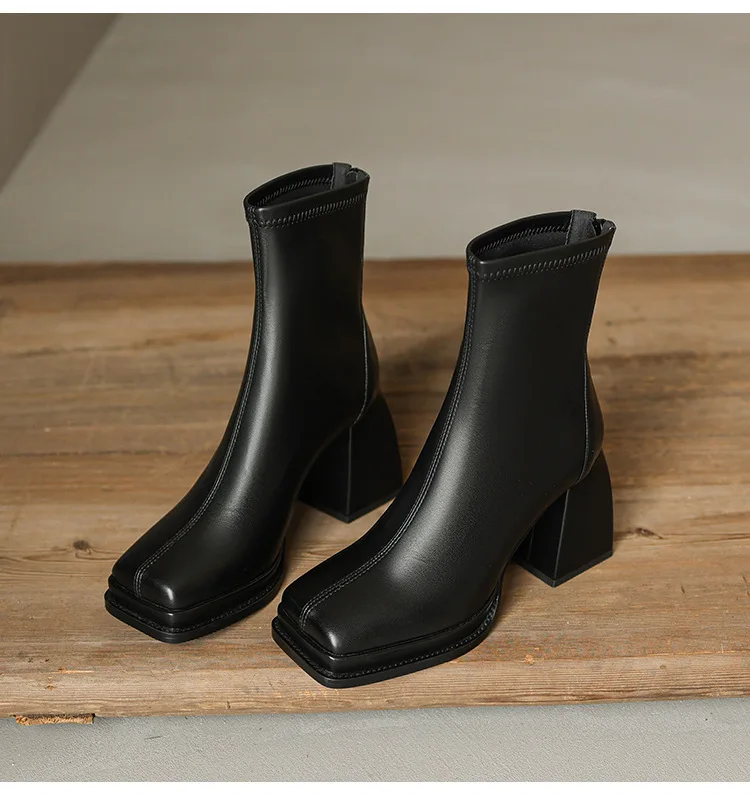2023 Square Low Heel Fashion Ankle Boots Pu Leather Casual Short Boots Square Toe Zipper Winter Women Shoes Size 34-39 Botas