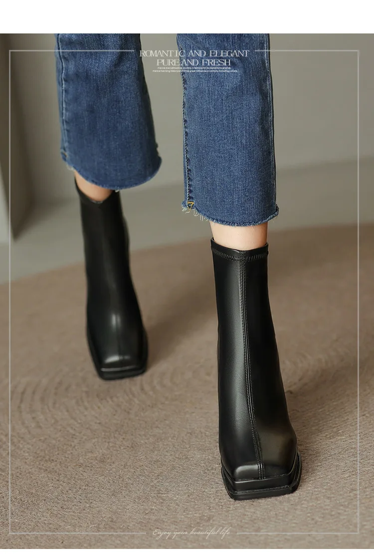 2023 Square Low Heel Fashion Ankle Boots Pu Leather Casual Short Boots Square Toe Zipper Winter Women Shoes Size 34-39 Botas
