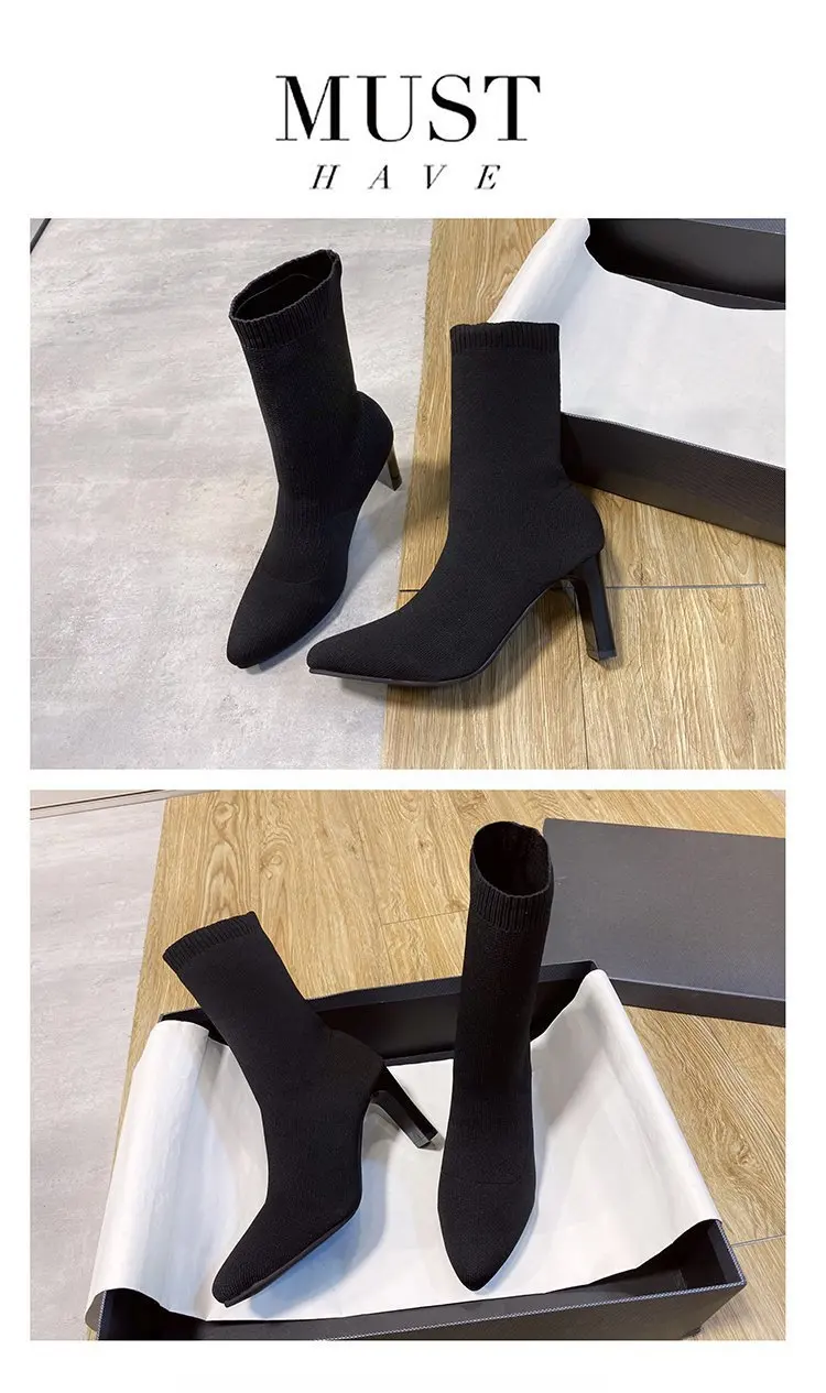 Simple Fashion Stretch Socks Boots Women's High Heels Shoes Knit Socks Boots Skinny Women Pointed Autumn and Winter Bare Boots Simple Fashion Stretch Socks Boots Women's High Heels Shoes Knit Socks Boots Skinny Women Pointed Autumn and Winter Bare Boots