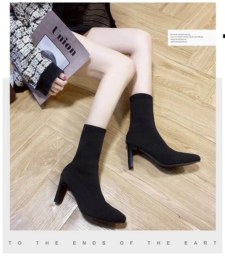 Simple Fashion Stretch Socks Boots Women's High Heels Shoes Knit Socks Boots Skinny Women Pointed Autumn and Winter Bare Boots Simple Fashion Stretch Socks Boots Women's High Heels Shoes Knit Socks Boots Skinny Women Pointed Autumn and Winter Bare Boots
