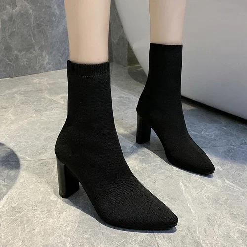 Simple Fashion Stretch Socks Boots Women’s High Heels Shoes Knit Socks Boots Skinny Women Pointed Autumn and Winter Bare Boots Simple Fashion Stretch Socks Boots Women's High Heels Shoes Knit Socks Boots Skinny Women Pointed Autumn and Winter Bare Boots