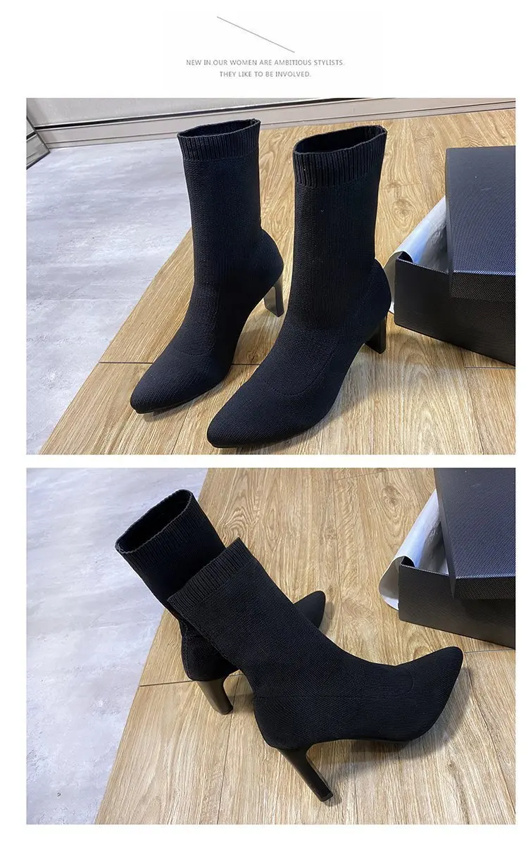 Simple Fashion Stretch Socks Boots Women's High Heels Shoes Knit Socks Boots Skinny Women Pointed Autumn and Winter Bare Boots Simple Fashion Stretch Socks Boots Women's High Heels Shoes Knit Socks Boots Skinny Women Pointed Autumn and Winter Bare Boots
