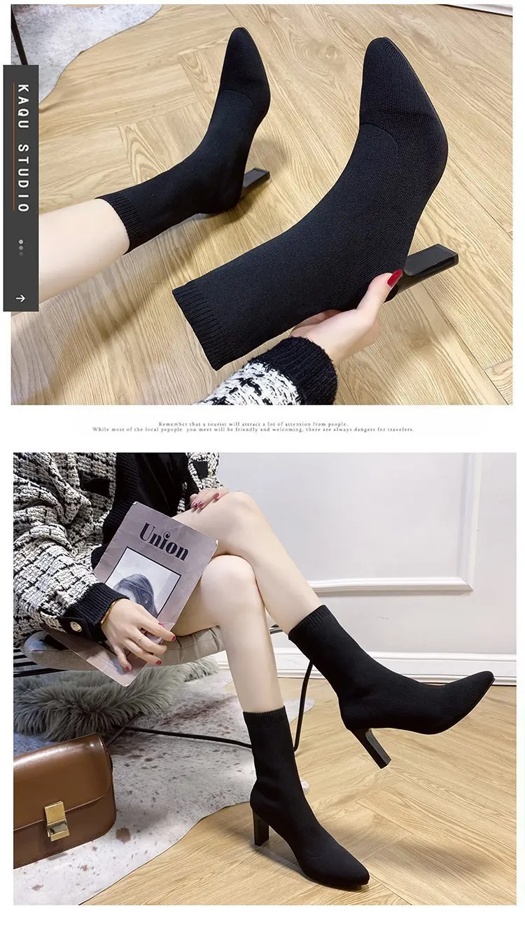 Simple Fashion Stretch Socks Boots Women's High Heels Shoes Knit Socks Boots Skinny Women Pointed Autumn and Winter Bare Boots Simple Fashion Stretch Socks Boots Women's High Heels Shoes Knit Socks Boots Skinny Women Pointed Autumn and Winter Bare Boots