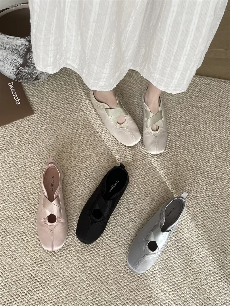 2025 New Women's Ballet Slippers Pink Soft Sole Shallow Heel Round Head Fiberglass Fabric Retro Style Low Heel