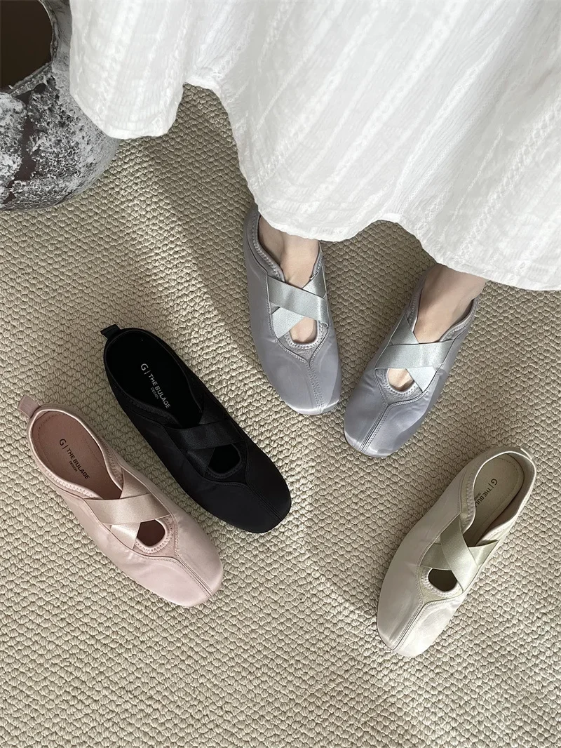 2025 New Women's Ballet Slippers Pink Soft Sole Shallow Heel Round Head Fiberglass Fabric Retro Style Low Heel