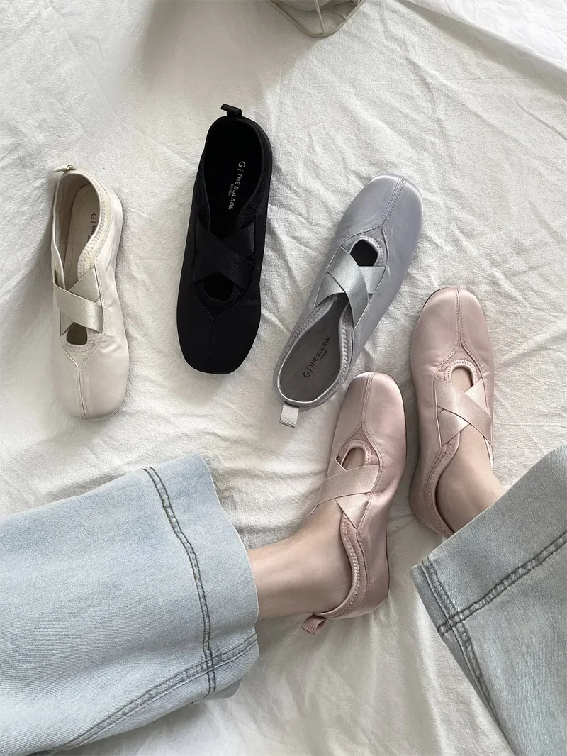 2025 New Women's Ballet Slippers Pink Soft Sole Shallow Heel Round Head Fiberglass Fabric Retro Style Low Heel