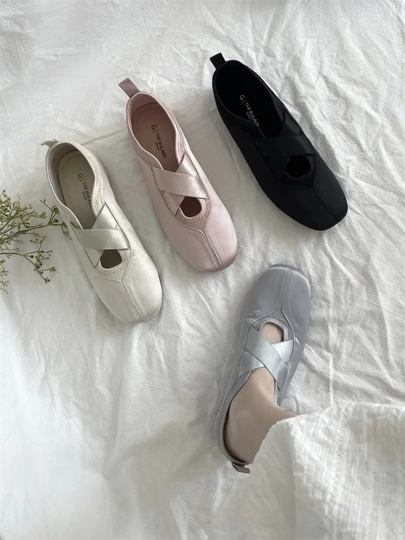 2025 New Women's Ballet Slippers Pink Soft Sole Shallow Heel Round Head Fiberglass Fabric Retro Style Low Heel