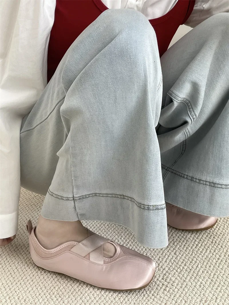 2025 New Women's Ballet Slippers Pink Soft Sole Shallow Heel Round Head Fiberglass Fabric Retro Style Low Heel