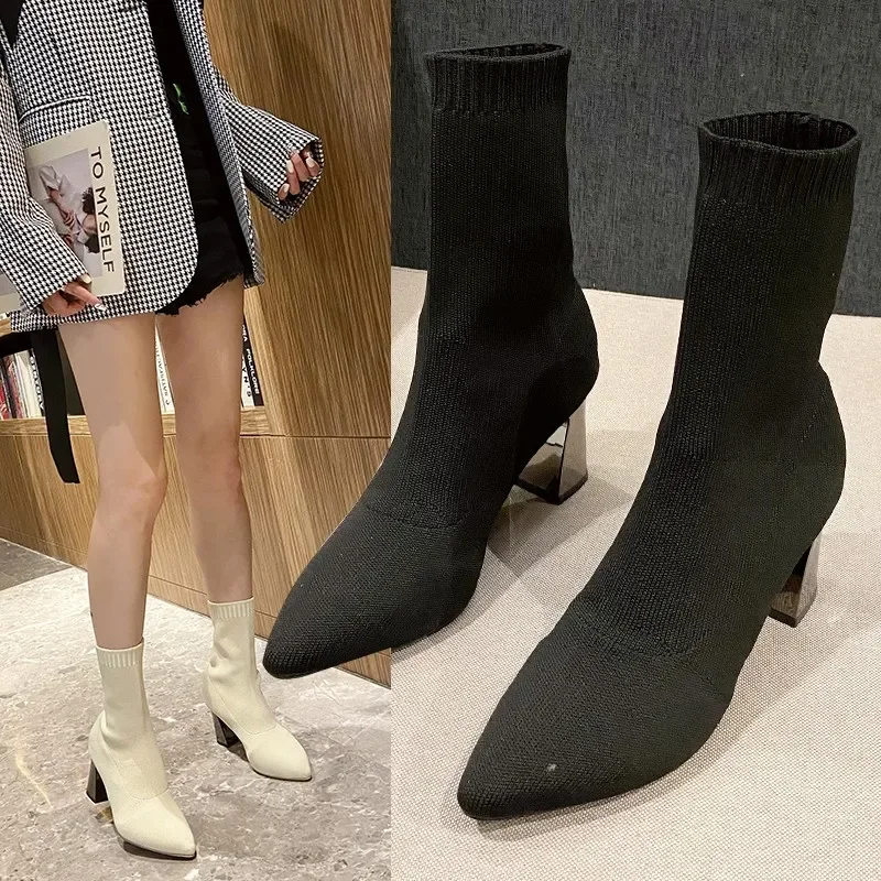 2023 New Autumn Winter Thick High-heeled All-match Thin and Thin Boots Women's Pointed Toe Mid-tube Elastic Socks Boots Women