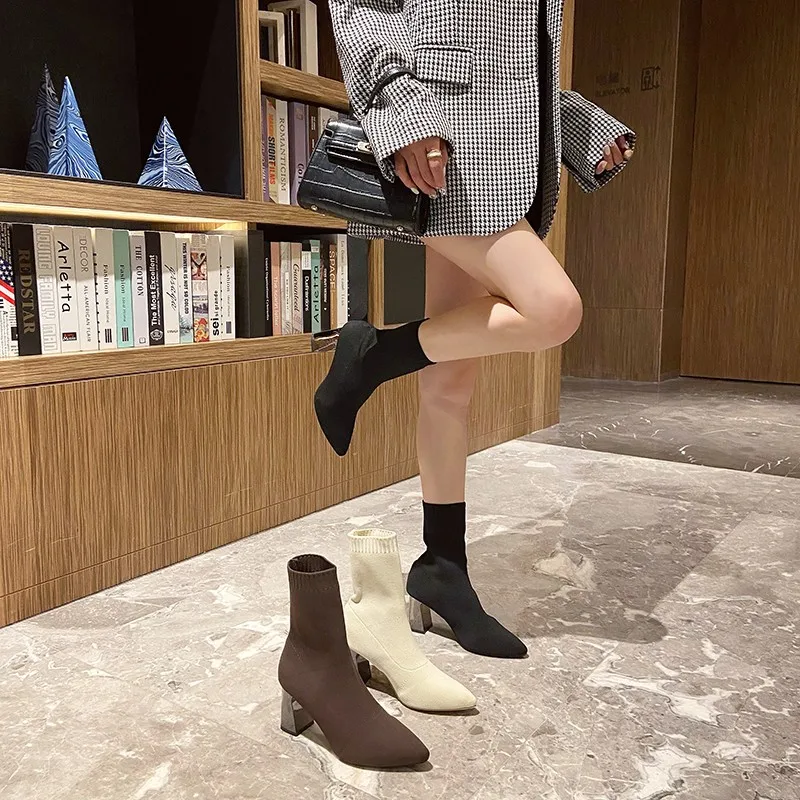 2023 New Autumn Winter Thick High-heeled All-match Thin and Thin Boots Women's Pointed Toe Mid-tube Elastic Socks Boots Women
